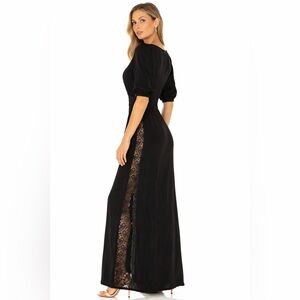 Candela 100% Silk Black Maxi Dress with Lace Side Panels – Medium